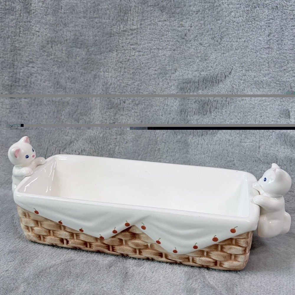 Vintage Ceramic Cat Cracker Server‎ Tray Kitty Handles Cherry Basket Snack Dish
